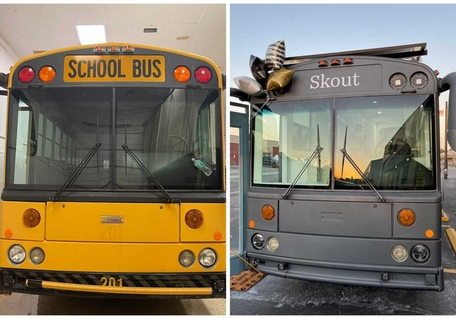 Skout Thomas School Bus Conversion Before &amp; After, front